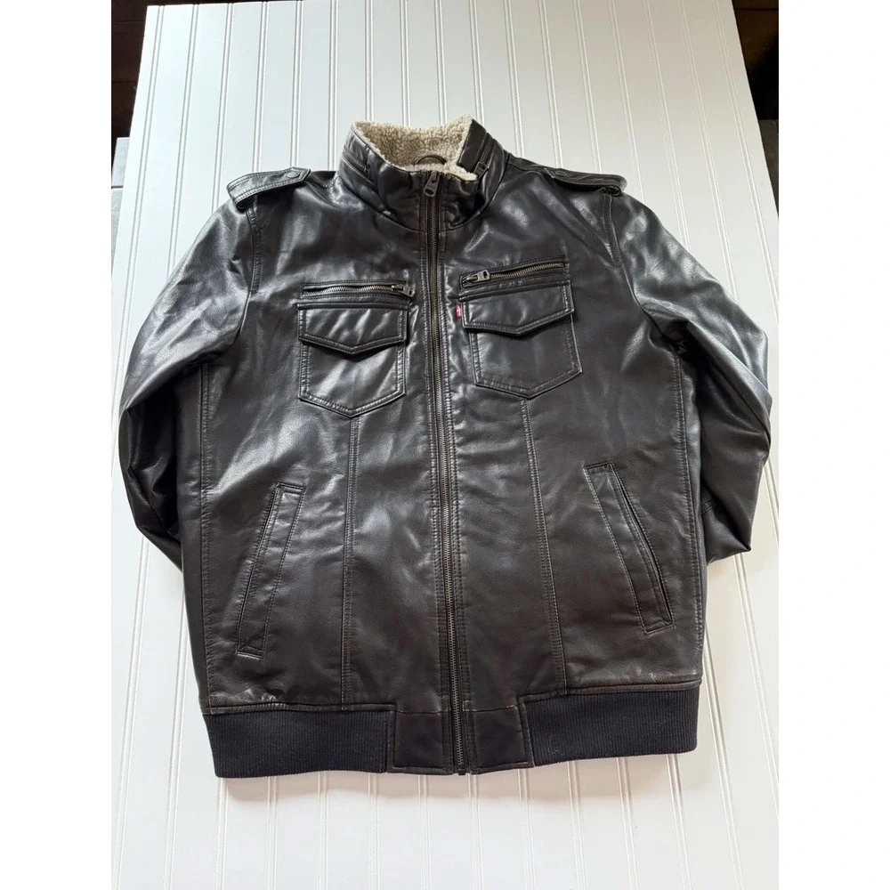 Levi's Faux Leather Aviator Bomber Jacket Sherpa Lined Brown‎ Men's L